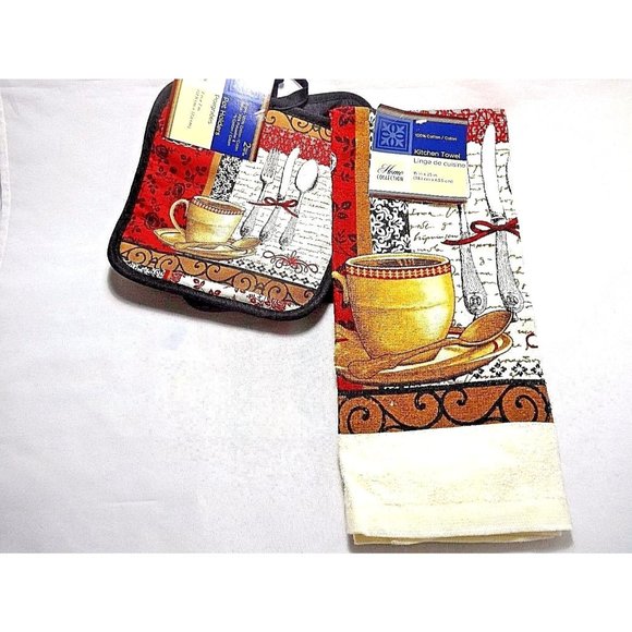 Coffee Cup Kitchen Towel and Potholders 3-Piece Set Pot Holder Cotton Polyester - Picture 1 of 3